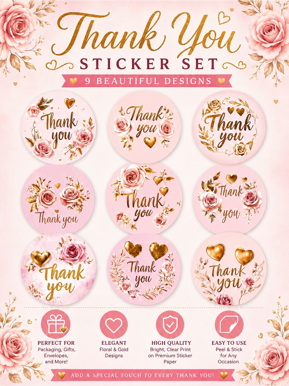 500 Pink Floral Thank You Stickers – 1” Round Packaging Labels